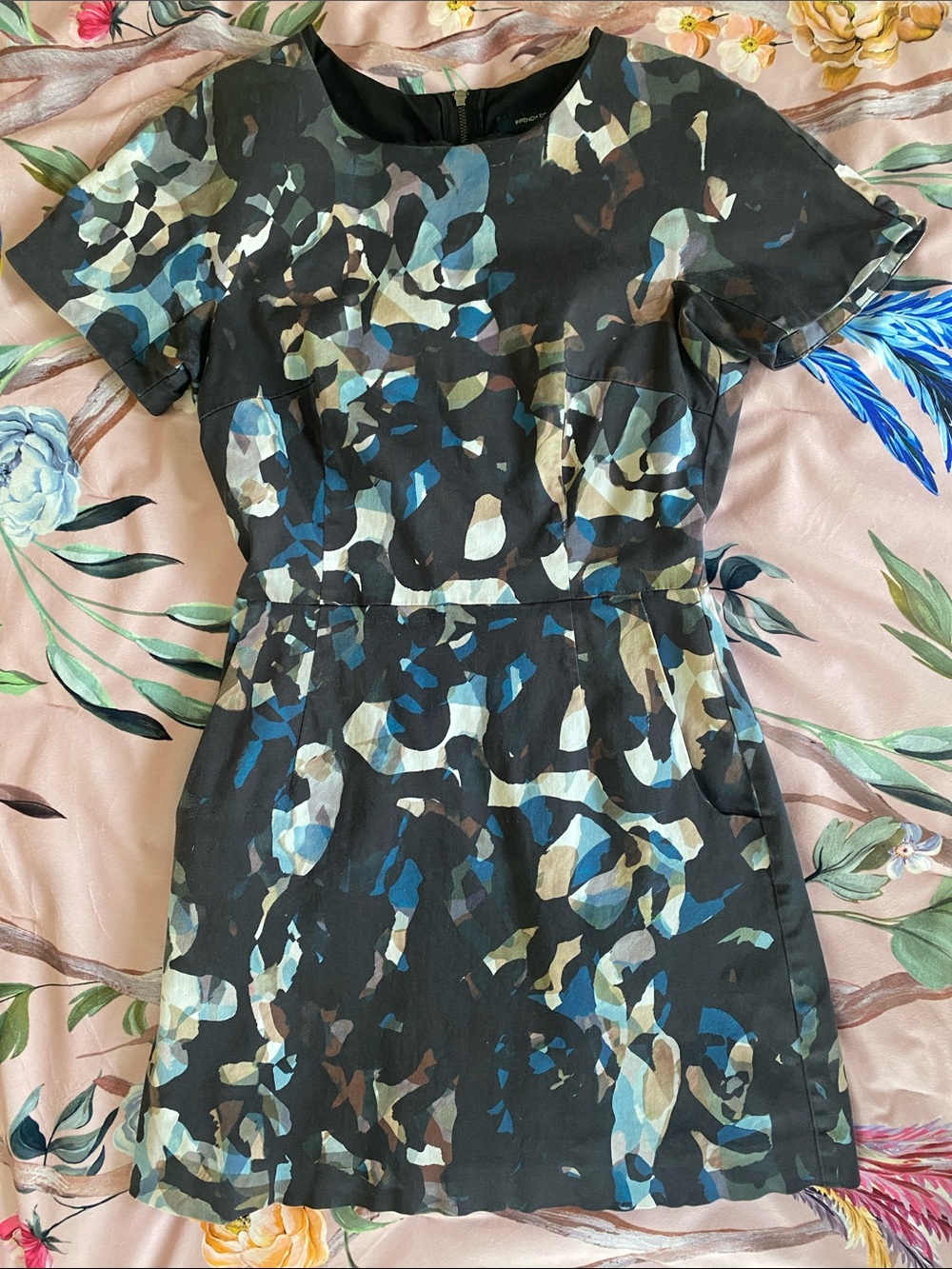 French Connection Black Mini Dress with Blue and Cream Abstract Print + Pockets